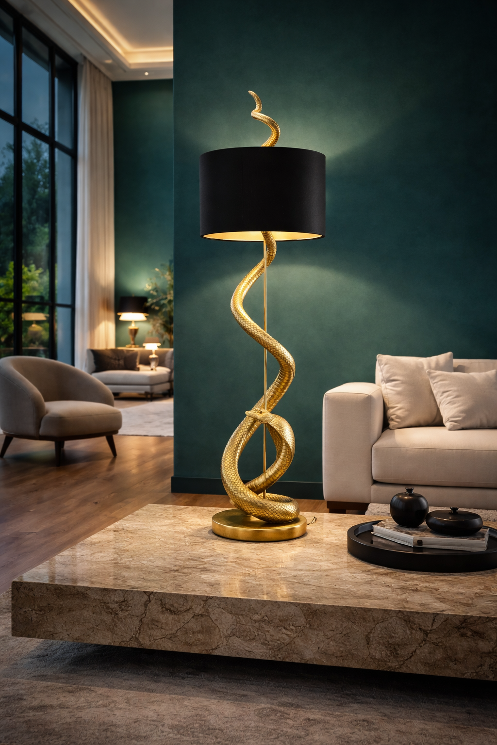 Lampadaire décorative Serpenté Or/Noir, 38 x 38 x 152 cm  Luxe minimaliste pour les intérieurs