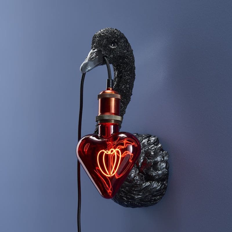 Applique murale Cygne noir avec ampoule en forme de cœur Design sculptural de luxe 15 x 15 x 35 cm, E27
