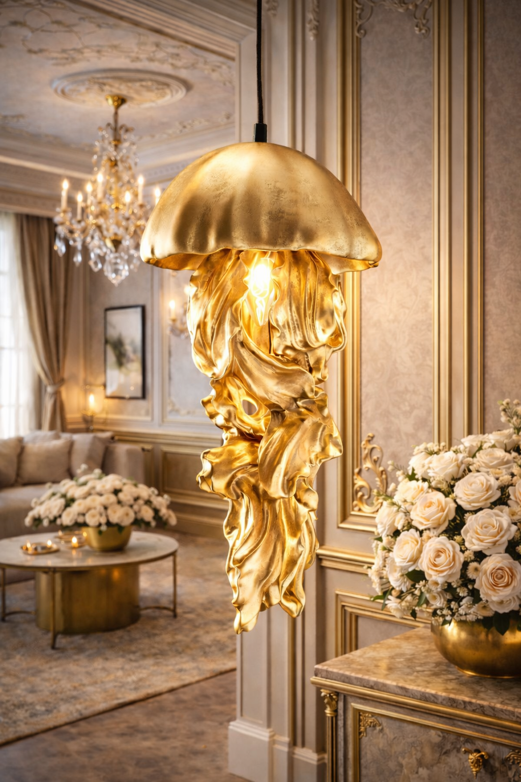 Suspension Méduse Dorée Luminaire Sculptural de Prestige pour Intérieurs Haut de Gamme 22,5cm x 21,5cm x 42cm