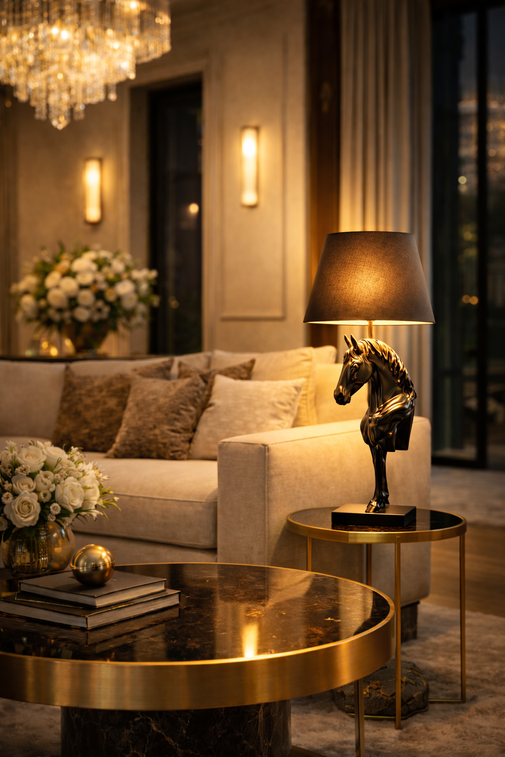 Lampe de table Cheval Majestueux Sculpture de luxe avec abat-jour noir. 30 cm x 30 cm x 68,5 cm