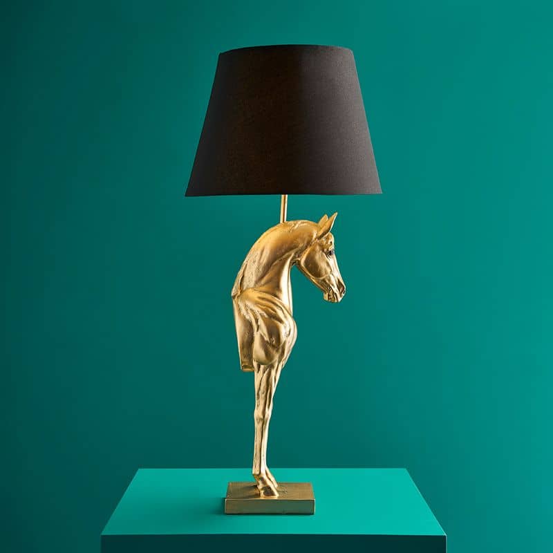 Lampe de table Cheval Majestueux Sculpture de luxe avec abat-jour. Cheval Wendy, or 30 cm x 30 cm x 68,5 cm