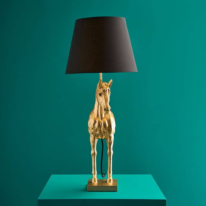 Lampe de table Cheval Majestueux Sculpture de luxe avec abat-jour. Cheval Wendy, or 30 cm x 30 cm x 68,5 cm